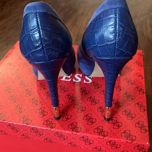 Guess Blue Suede Croc embossed stilettos with gold heel - Picture 7 of 9